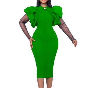 Elegant green bodycon midi dress featuring mesh polka dot sleeves and tiered ruffle shoulders