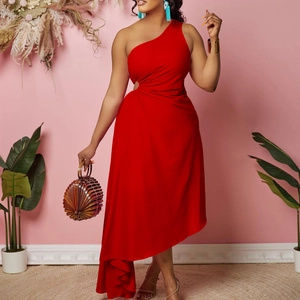 Elegant red one-shoulder dress with side cutout and asymmetrical ruffled hemline