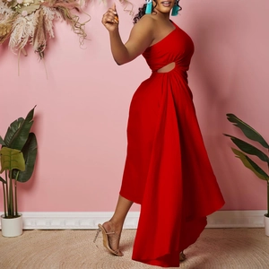 Detail of red one-shoulder dress with side cutout and asymmetrical draped skirt