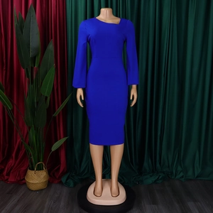 Detail of royal blue long sleeve dress featuring unique asymmetric neckline and slim fit