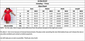 Detailed size guide table for V-neck pleated short sleeve dress with measurements S to 3XL