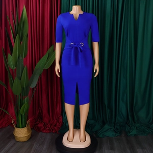 Royal blue V-neck pencil dress with gold ring waist tie and elegant front slit detail