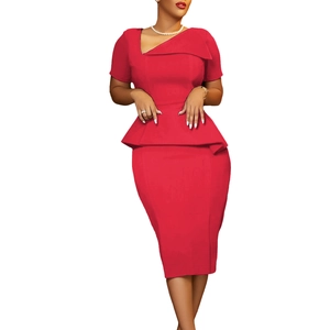 Detail of red asymmetric neck midi dress with peplum waist and slim fit design