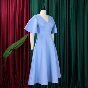 Close-up of light blue V-neck dress featuring elegant ruffle sleeves and waist detail