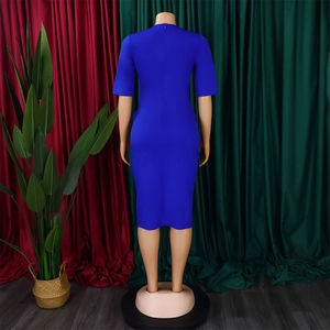 Detail of royal blue bodycon dress featuring a back invisible zipper on a mannequin