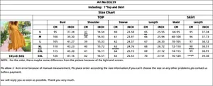 Detailed size chart for women's puff sleeve top and pleated skirt two-piece outfit set