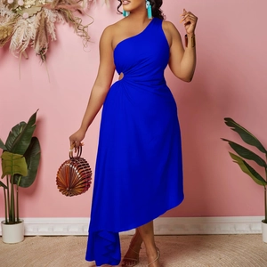 Royal blue one-shoulder asymmetric dress with waist cutout and irregular hem design