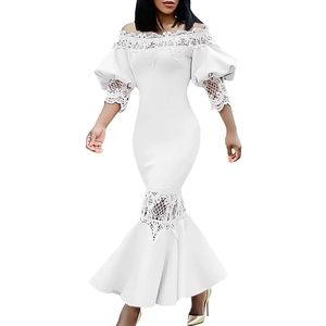 Close-up of elegant off-shoulder white lace dress with ruffled fishtail hemline