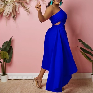 Close-up of royal blue one-shoulder dress with hollow waist and asymmetric hemline