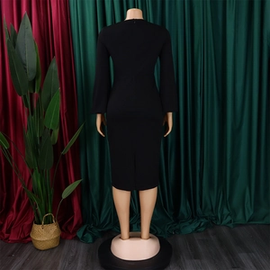 Detailed back view of a black bodycon dress with hidden zipper and a slit hemline