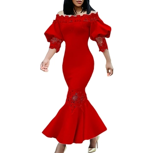 Close-up of hollow lace stitching details on the red off-shoulder mermaid dress