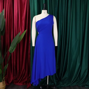 Detail of royal blue one-shoulder dress with side ruching and asymmetric hemline