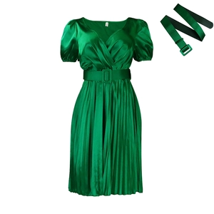 Detail of emerald V-neck pleated dress featuring satin fabric and matching waist belt