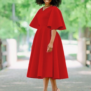 Detail of red flare sleeves and V-neckline on a long A-line evening dress for women