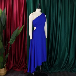Royal blue one-shoulder long dress with waist cutout and asymmetric ruffled hem detail