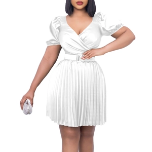 Close-up of white V-neck satin dress featuring puffy sleeves and a matching square buckle belt