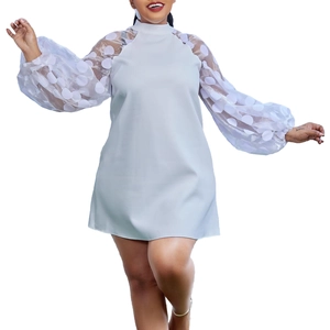 Damen A-Linien Minikleid in Hellgrau mit weißen Polka-Dot-Laternenärmeln aus Netzstoff