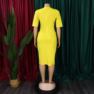 Back view of a yellow V-neck bodycon midi dress featuring an invisible zipper closure