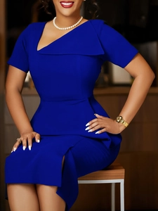 Elegant royal blue slim fit dress with asymmetric collar and stylish side slit detail