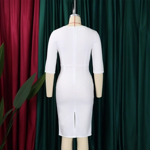 Rear view of white V-neck bodycon dress with mid-sleeves and full-length back zipper