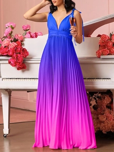 Abito Maxi Plissettato Sfumato da Donna Sexy Scollo a V Vita Alta Spalline con Fiocco Elegante Abito Lungo Senza Maniche per Festa e Banchetto