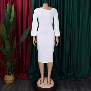 Detail of white long sleeve dress showing asymmetric neckline and slim fit on a mannequin