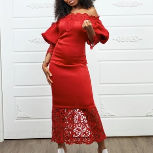 Detailed view of the red lace embroidery and lantern sleeves on this off-shoulder evening dress