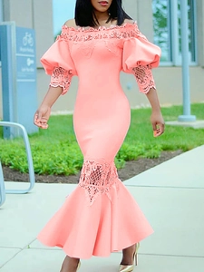 Women Off-Shoulder Mermaid Dress Elegant Lace Patchwork Puff Sleeve Party Evening Dress For Slim Fit Cocktail Gown