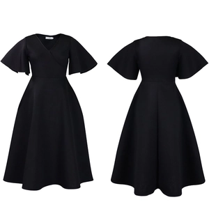 Front and back view of a black V-neck dress with flare sleeves and an A-line silhouette