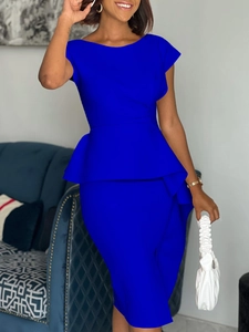 Elegant royal blue peplum bodycon dress with short sleeves and round neckline for women