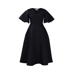 Detailed view of women's black V-neck wrap dress featuring elegant flutter sleeves and hem