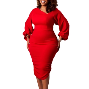 Elegant red slim fit midi dress with dramatic lantern sleeves and asymmetric V-neckline