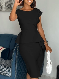 Elegant black sleeveless peplum dress with a high round neck and slim pencil skirt cut