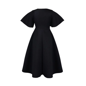 Detailed view of elegant black V-neck dress with butterfly sleeves and flared A-line skirt