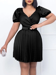 Elegant black V-neck satin dress with puff sleeves and pleated skirt for summer fashion
