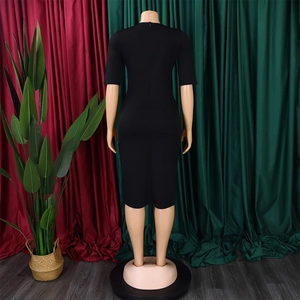 Detail view of the back zipper closure on a slim-fit black pencil dress with short sleeves