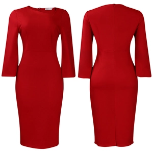 Front and back view of a slim fit red long sleeve pencil dress with back zipper detail