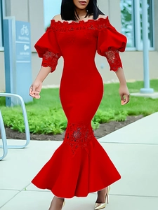 Elegant red off-shoulder mermaid dress with lace details and puff sleeves for summer parties