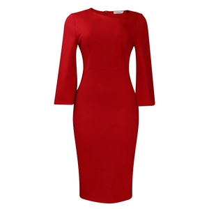 Close-up of a red slim fit dress showing the neckline with a zipper and brand label