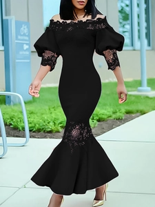 Elegant black off-shoulder mermaid dress with lace detailing and bodycon silhouette