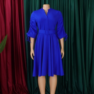 Détail de la robe bleu roi à col en V avec manches froncées et ceinture à boucle carrée