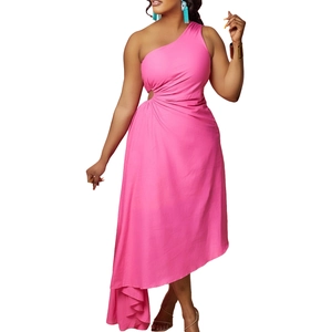 Detail of rose pink one-shoulder dress with side cutout and asymmetric draped hemline
