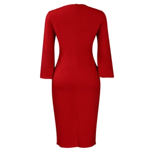 Back view of a red bodycon midi dress featuring a slim fit, long sleeves and rear slit