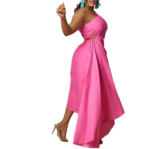 Detail view of rose pink one-shoulder dress with waist cutout and asymmetric draped hem