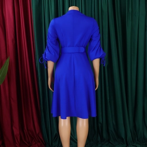 Vue arrière d'une robe midi bleu vif avec manches à cordon et ceinture en tissu assortie