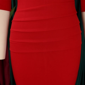 Detail of red fitted dress with pleated waist design and high-quality stretch fabric