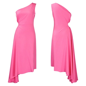 Detail of hot pink one-shoulder dress featuring side ruching and asymmetric hemline