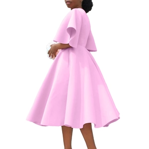 Detail of elegant pink V-neck dress with double-layered bell sleeves and flared A-line skirt