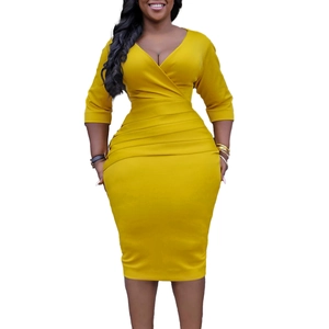 Elegant bright yellow V-neck bodycon midi dress with flattering ruched waist detailing