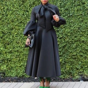 Detail of elegant black dress with oversized bow tie and puff sleeves on plant background